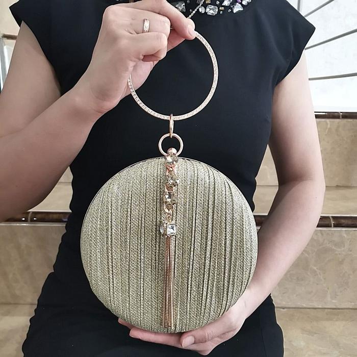 Tas Pesta Kondangan Wanita Import Mewah Murah Gold Kain Bulat 702701