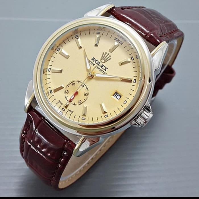 Jam Tangan Rolex Skeleton Automatic kulit Second bawah-Kombi Gold