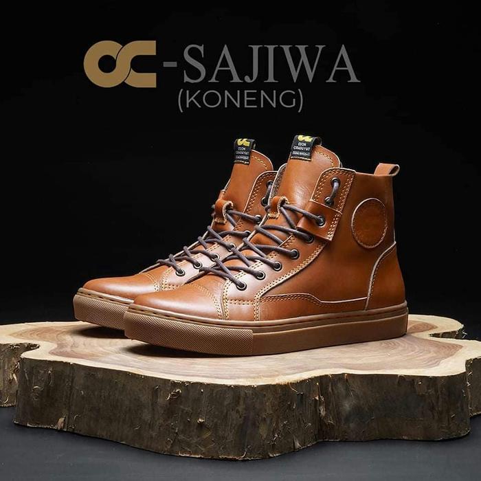 SEPATU BOOT KASUAL PRIA MODEL TALI BAHAN KULIT SAPI ASLI OC SAJIWA TAN