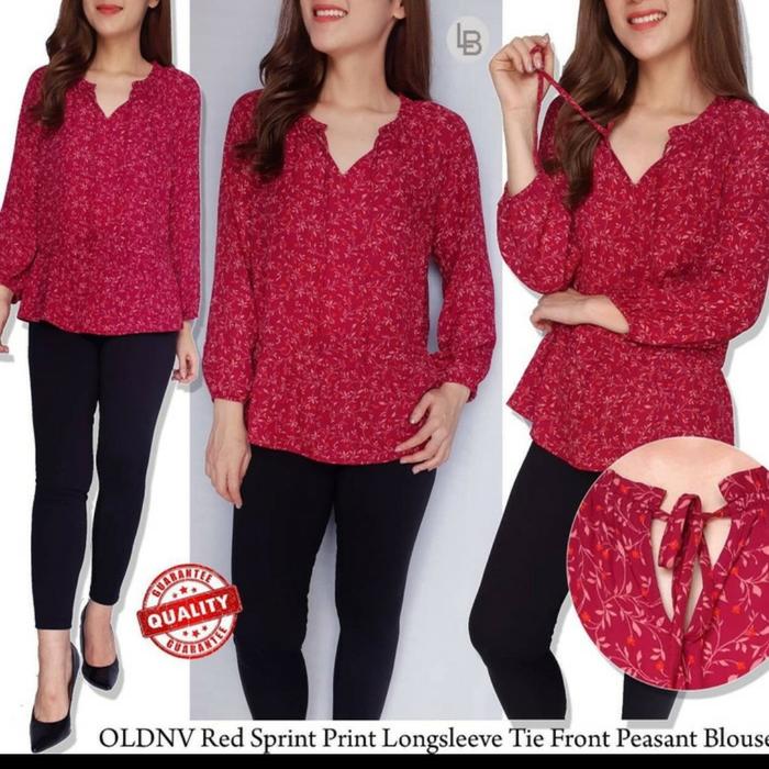 Old navy red sprint print longsleeve tie front peasant blouse Ready