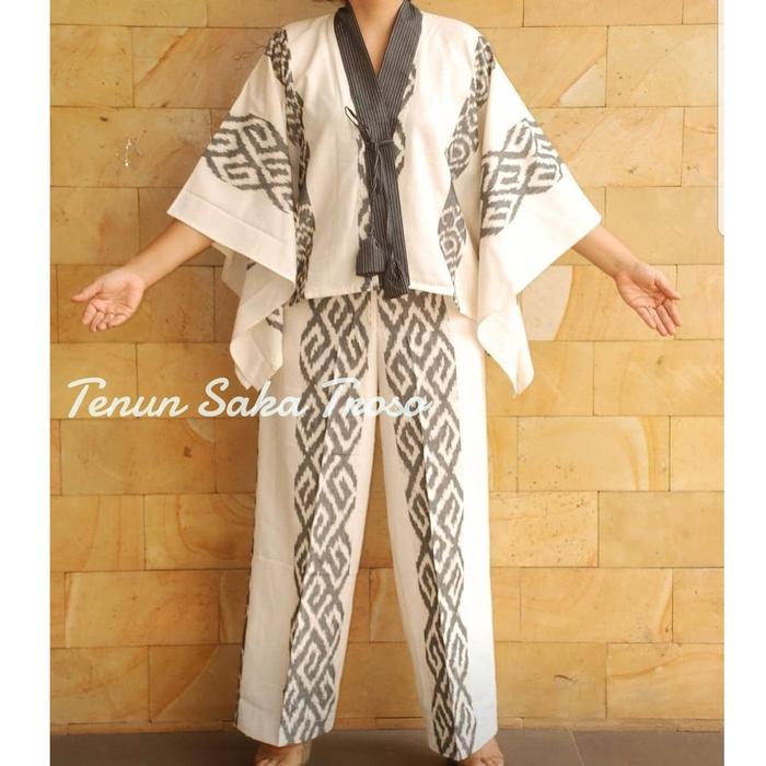 set baju tenun blouse batwing dan celana putih tulang free masker