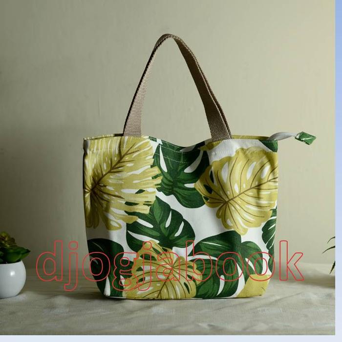 TAS JINJING HANDBAG BESAR BAHAN KANVAS MOTIF DAUN TALAS