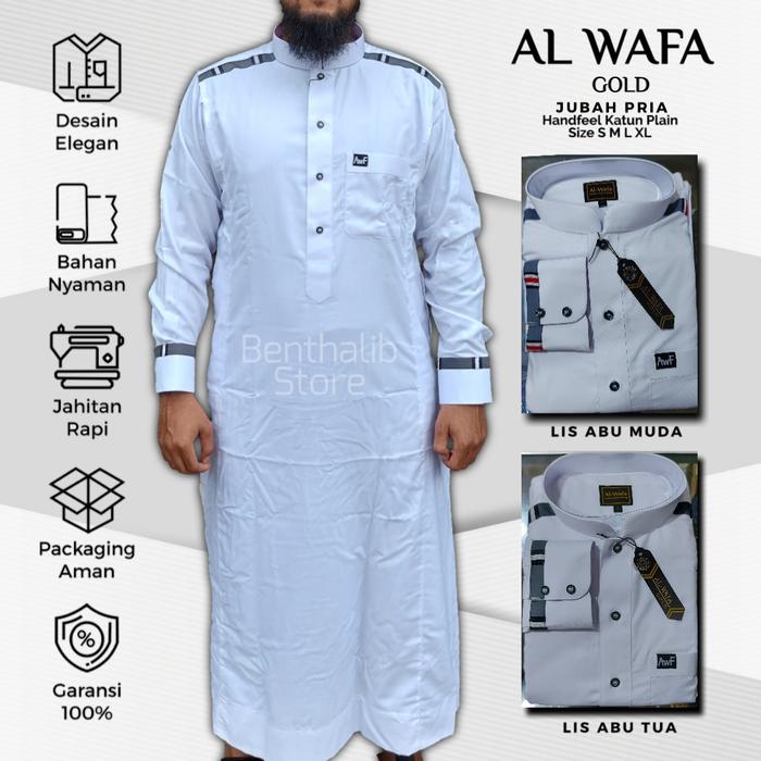 Gamis Pria Al Wafa Gold Slimfit Lengan Manset atau Kancing Warna Putih