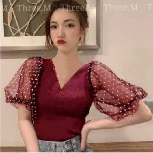 Polkadot Import Blouse Atasan Wanita Knit Puffy Lengan Balon Korean Style Top Cewek Rajut Stretchy A