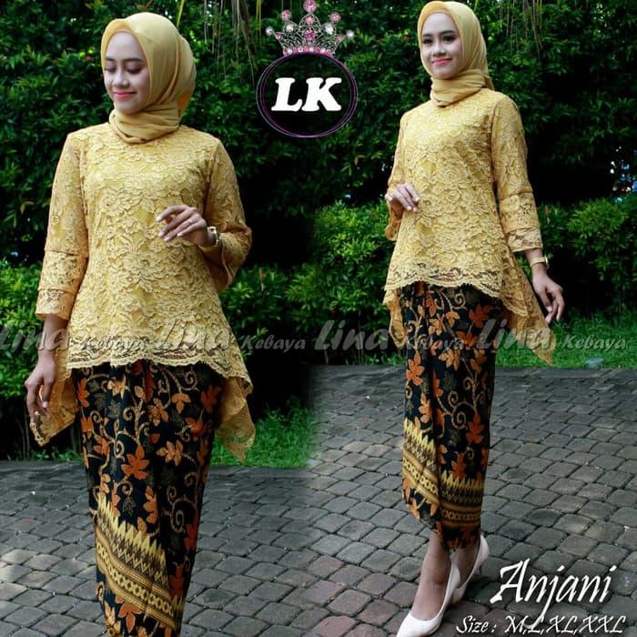 Setelan Kebaya Wanita Bahan Brokat Modern Warna Kuning