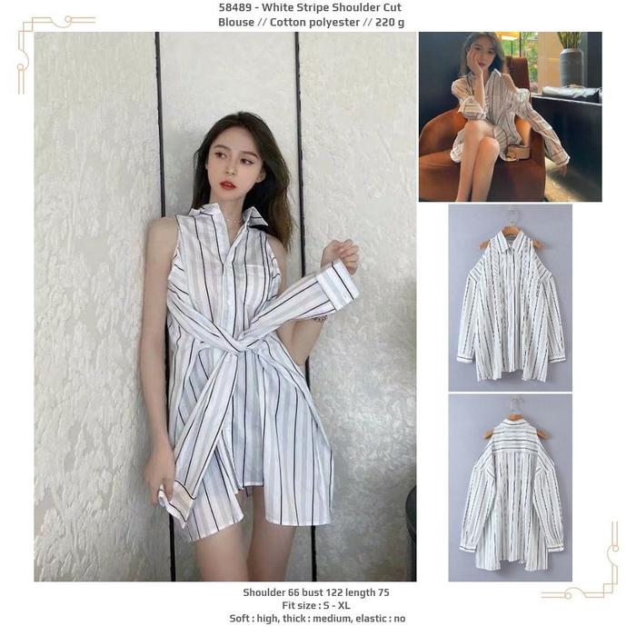 baju atasan jumbo putih salur bahu bolong lengan panjang