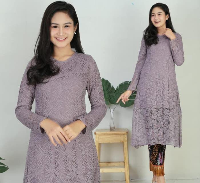 Kebaya Kurung Bahan Brukat Full Puring Warna Abu Tua