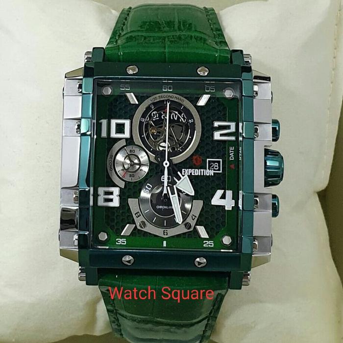 Jam Tangan Pria Expedition Original E6757 Leather Green Silver