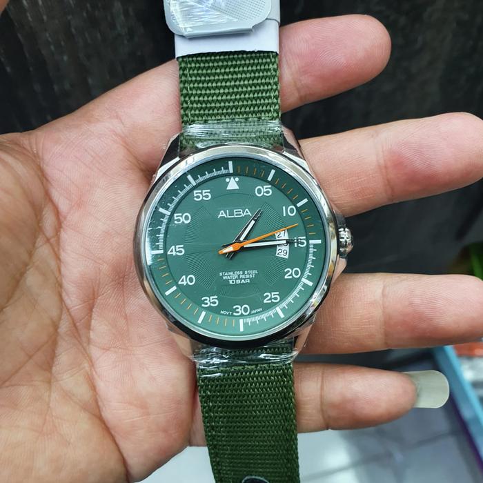 JAM TANGAN PRIA ALBA AS9H17X1 AS9H17 SILVER GREEN CANVAS ORIGINAL
