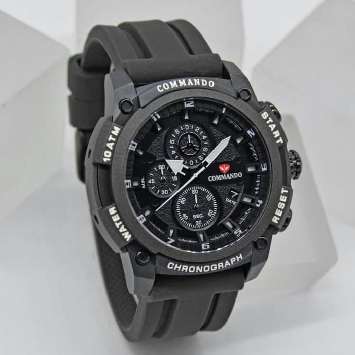 JAM TANGAN COMMANDO 7004 C 7004G-3 PRIA FULL BLACK RUBBER ORIGINAL