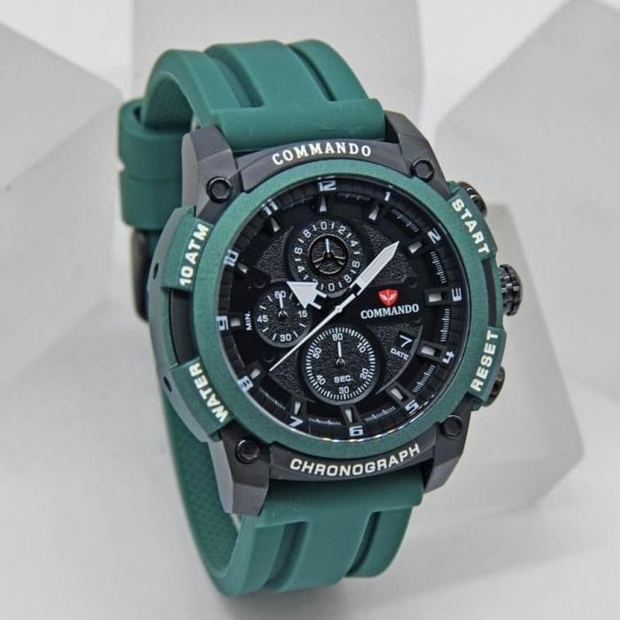 JAM TANGAN COMMANDO 7004 C 7004G-3 PRIA BLACK GREEN RUBBER ORIGINAL