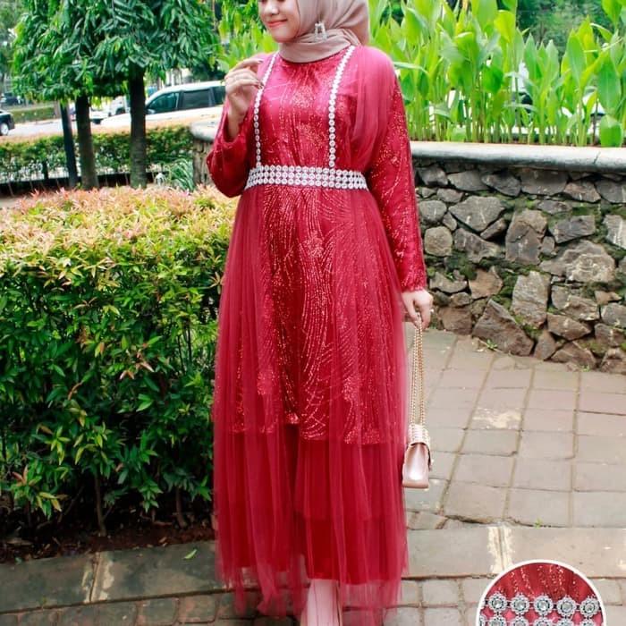 Gamis Muslim Wanita Bahan Sugar Mix Tulle Polos Kombinasi Warna Merah Elegan Ukuran M L XL Pilihan W