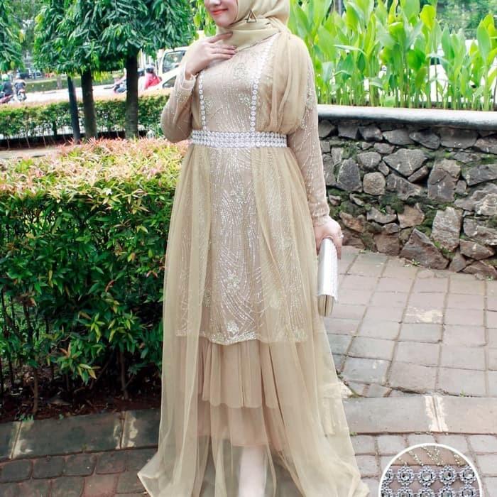 Gamis Muslim Wanita Bahan Sugar Mix Tulle Polos Kombinasi Warna Cream Elegan Ukuran M L XL Pilihan W