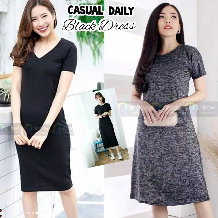 Black Dress Hitam Polos Baju Dress Wanita Pakaian Dres Santai Casual