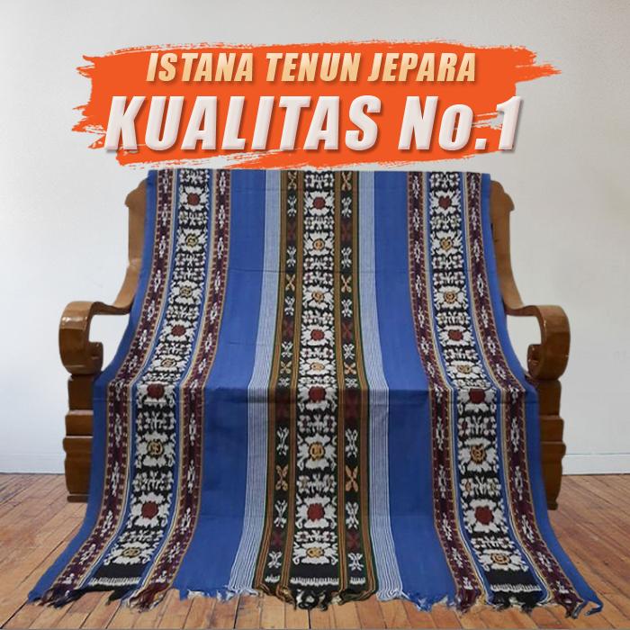 Kain Tenun Ikat Songket Blangket Troso Jepara Motif Bunga Biru