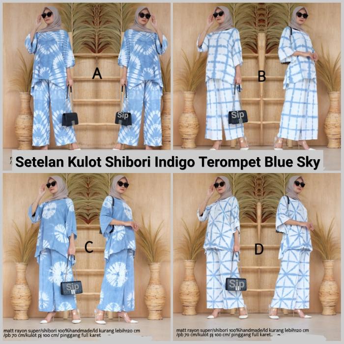 Setelan Kulot Shibori Indigo Terompet Blue Sky Biru Langit Jumbo