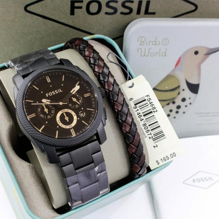 Jam Tangan Pria Fossil Machine FS 4682 FS4682 Original 42mm Set Gelang