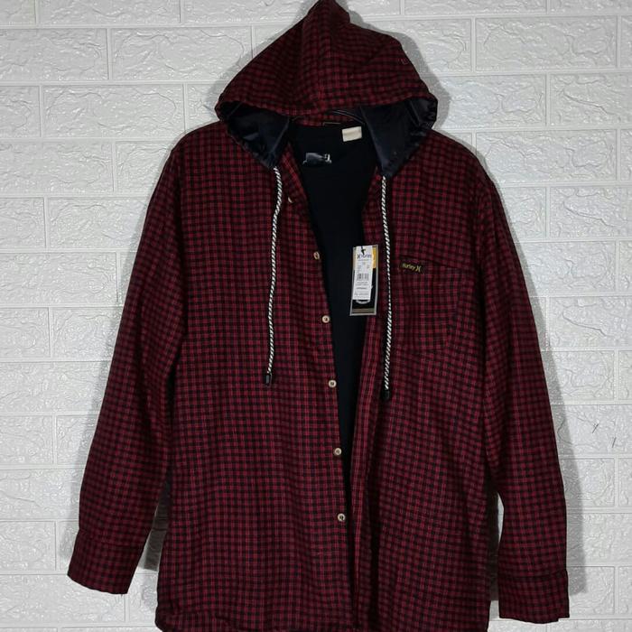 Kemeja hoodie kupluk flanel pria kotak kotak