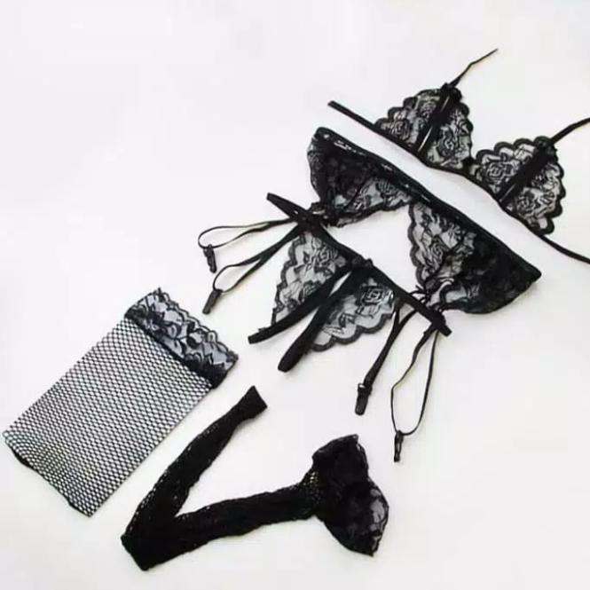 K211074 Sexy Lingerie Bra Set Hitam Garter Dan Stocking - Bikini Tipis