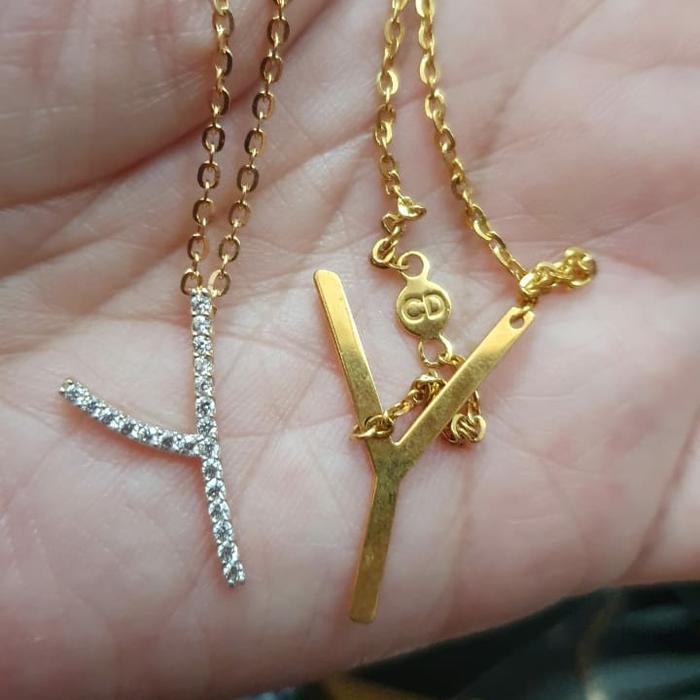 Kalung ubs huruf inisial Y mata putih carendelano emas asli 375