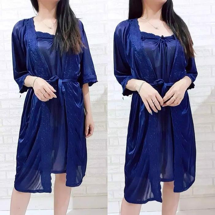 SKA57 Sexy Lingerie Navy Dress dan Kimono Luar - Baju Tidur Seksi Tipis Transparan