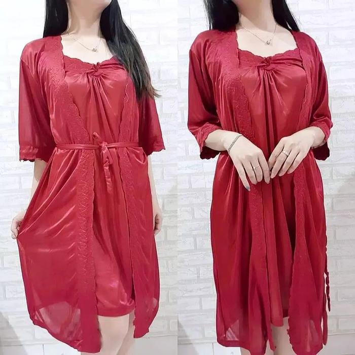 SKA53 Sexy Lingerie Merah Dress dan Kimono Luar - Baju Tidur Seksi Tipis Transparan