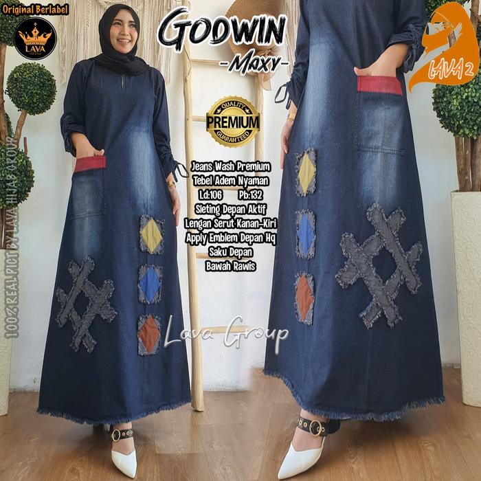 NEW GODWIN MAXY GAMIS LONGDRESS JEANSWASHED WANITA TERBARU MURAH MODIS