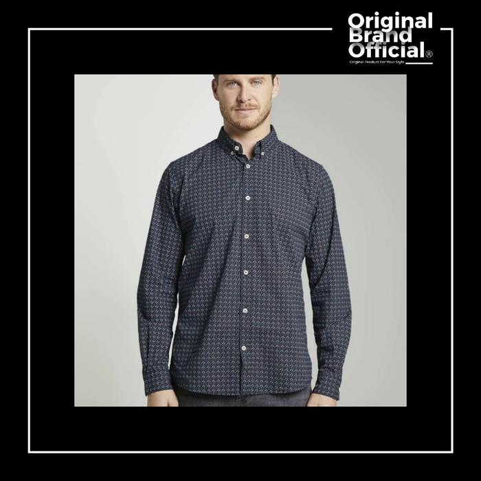 Kemeja Tom tailor denim fitted patterned long shirt blue navy ORI