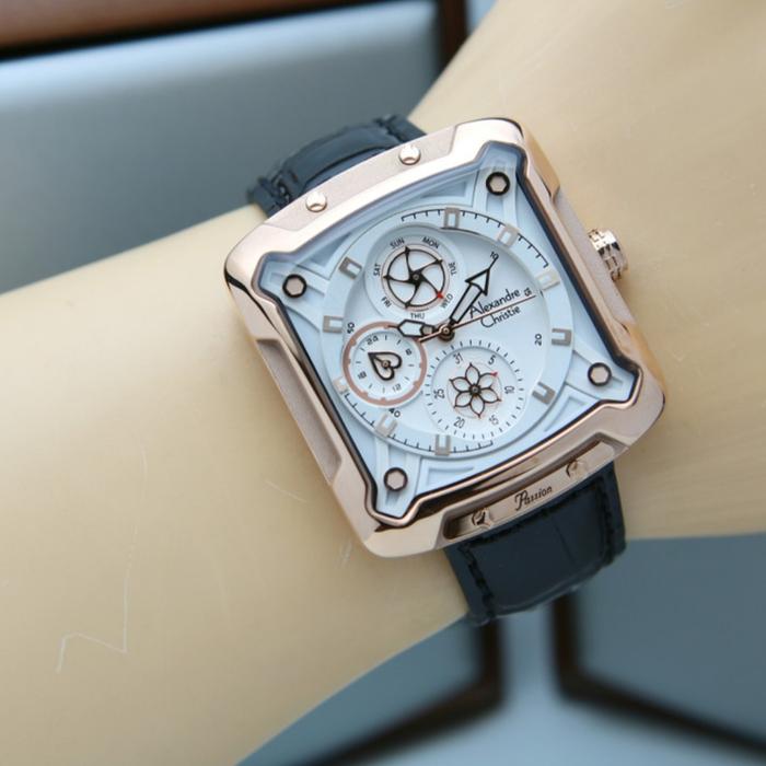 ALEXANDRE CHRISTIE AC 3030 ROSEGOLD BLACK AC3030 LEATHER WANITA ORI