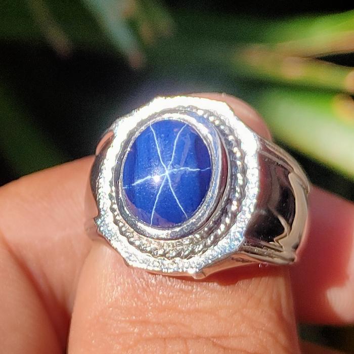 Cincin Titanium Tanam Batu Akik Permata Blue Safir Sapphire Star Mewah