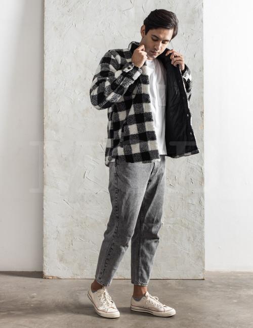 GAP Sherpa Shirt Jacket Black White Plaid