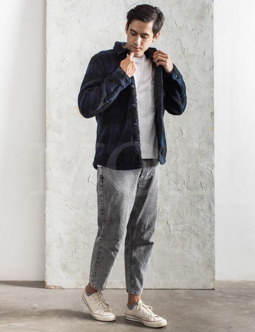 GAP Sherpa Shirt Jacket Blue Black Plaid
