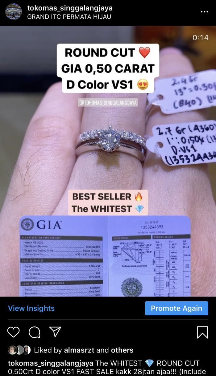 Sale cincin berlian GIA 0,50 D color Vs1 full diamond eropa white gold