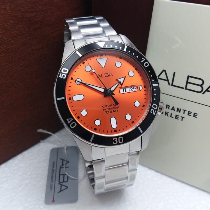JAM TANGAN PRIA ALBA ACTIVE AL4163X1 AUTOMATIC SILVER ORANGE ORIGINAL
