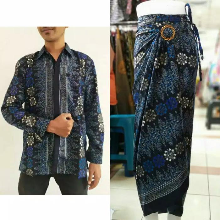 couple kemeja batik toraja biru elektrik rok lilit batik