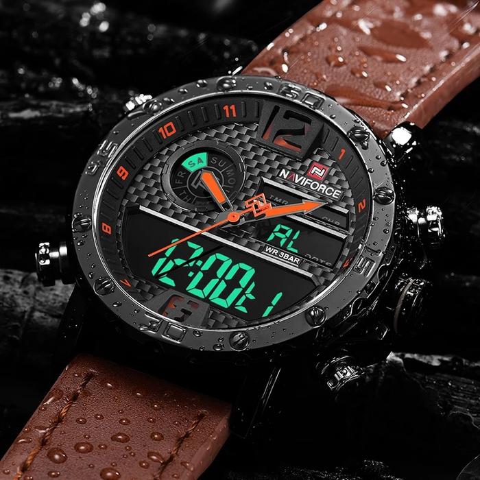 Naviforce NF9134M Jam Tangan Pria Dual Time Original Leather Strap