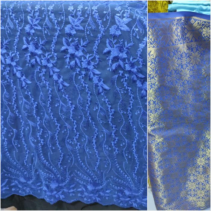 Kain tile akar biru elektrik, kain songket palembang meteran paketan