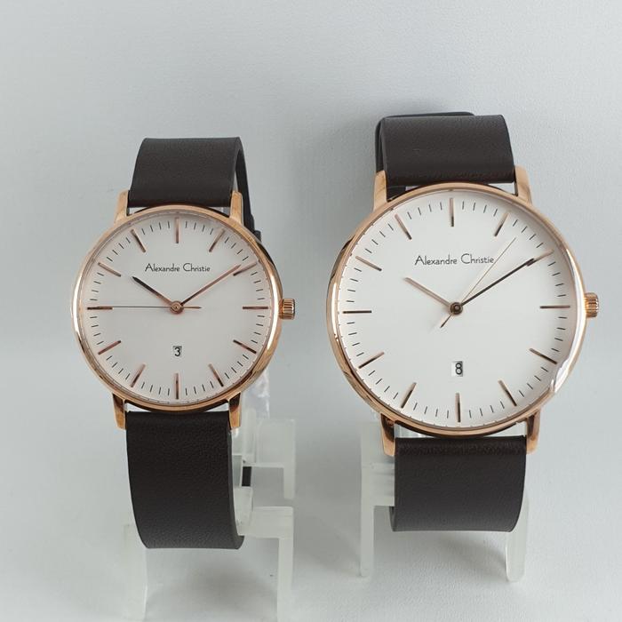 Alexandre Christie AC 8420 Couple White Dial Brown Leather Strap
