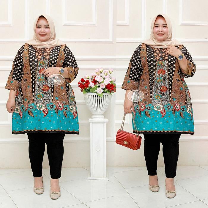 Baju batik tunik atasan wanita super jumbo ld 140 motif bunga cibulan