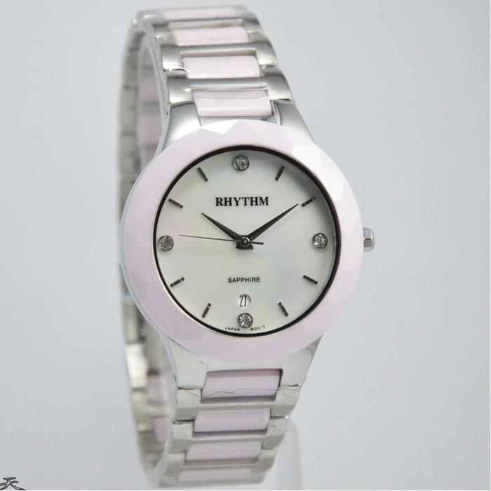 JAM TANGAN RHYTHM F1205T03 WANITA SILVER PINK CERAMIC ORIGINAL
