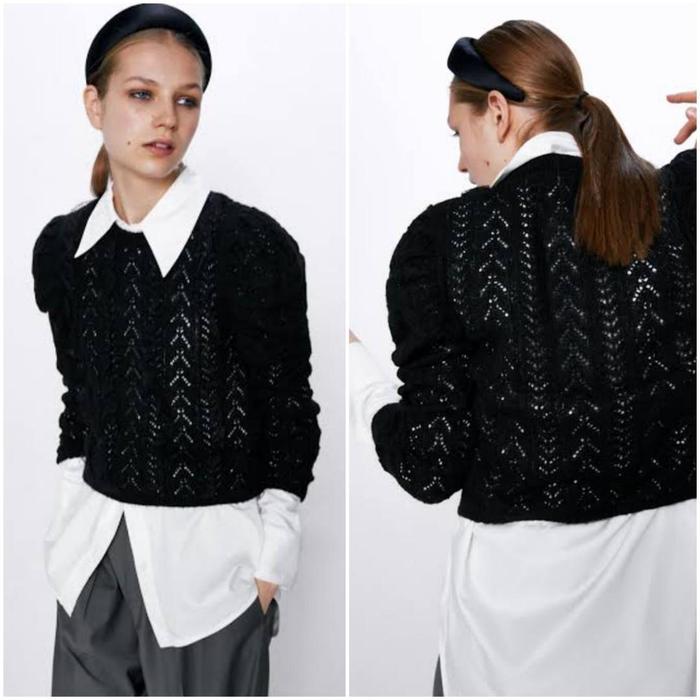ZARA SWEATER RAJUT HITAM RUFFLE LENGAN BALON