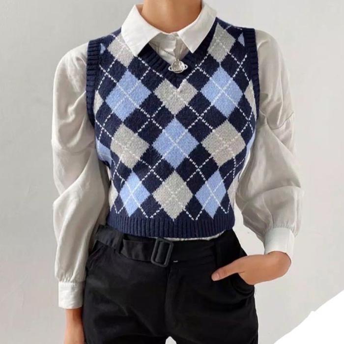 Outerwear Wanita Diamond Vest Thrift Style Knit Crop Top MSW