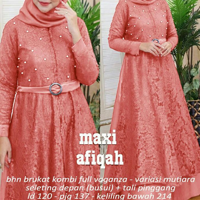 maxi afigah brukat peach dres gamis brukat baju busana muslim