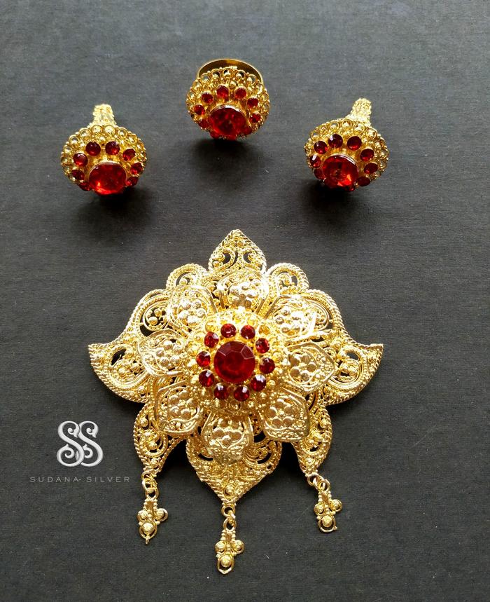 Set Bros Alpaka Sirkon Merah Gold Plated Bali
