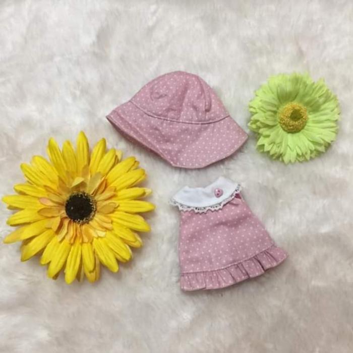 Baju Boneka Warna Soft Pink Polkadot set Dilengkapi Dengan Topi Cantik Senada , Baju Khusus Untuk Ba