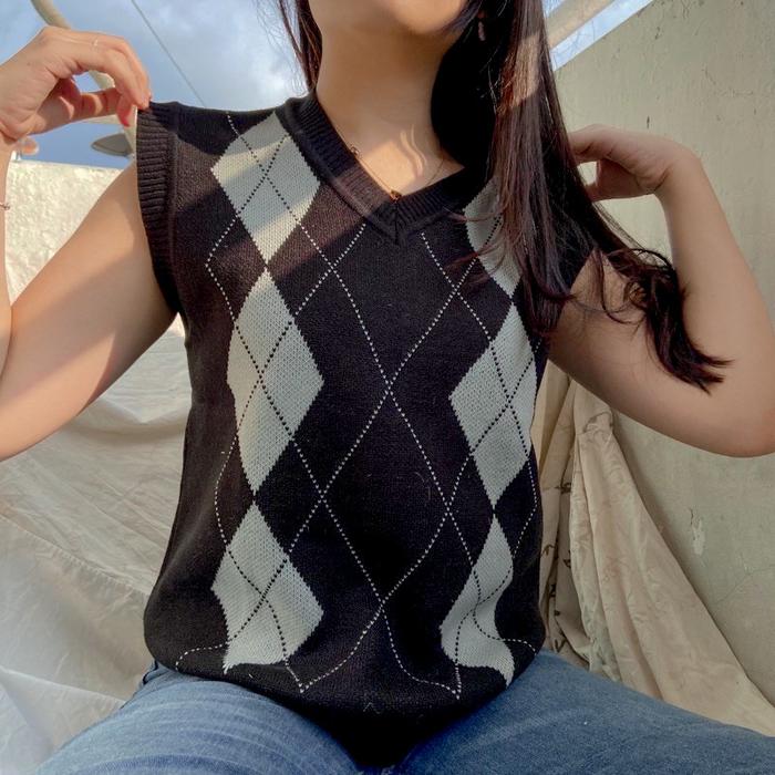 Outer V Neck Knit Rajut Wanita Vest Vintage Diamonds Thrift Style
