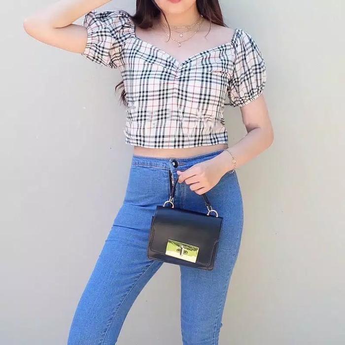 unikdanmurahh - CALIA BB BAHAN KATUN KOTAK BLUEBERRY CROP TOP WANITA
