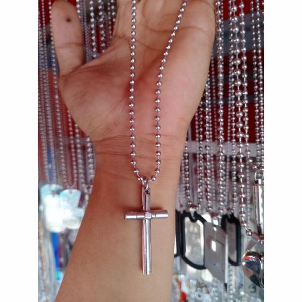 Kalung Biji Besi Putih Asli + Salib Polos Besi Putih