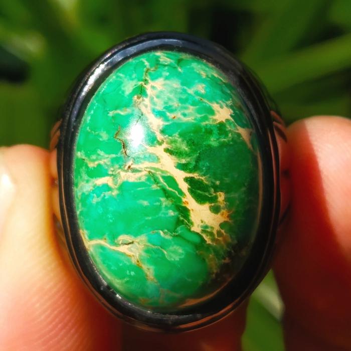 Cincin Titanium Tanam Batu Akik Pirus Hijau Natural Ring Hitam