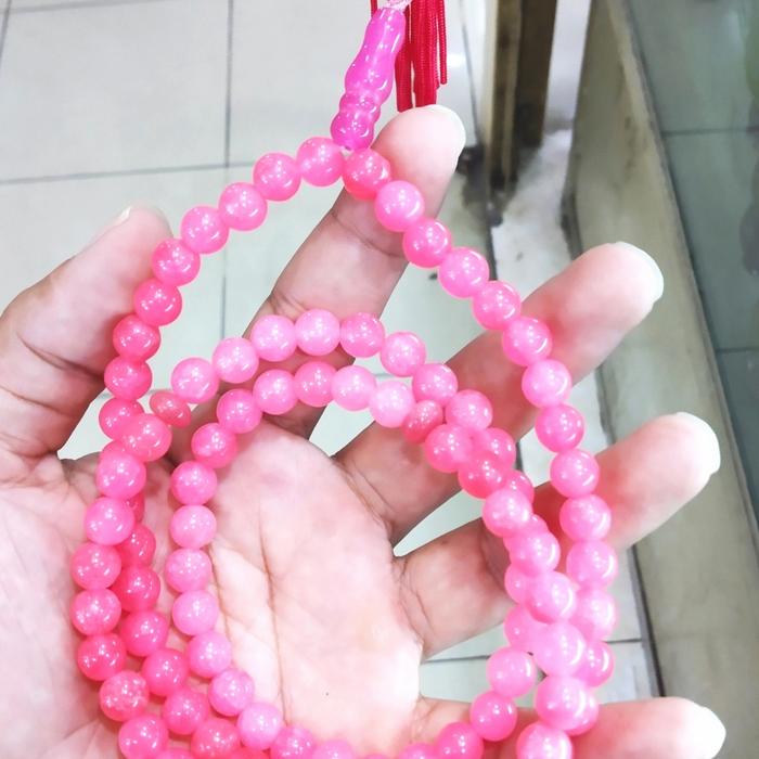 Kalung Tasbih 99 Butir Batu Akik Merah Rose Pink HQ